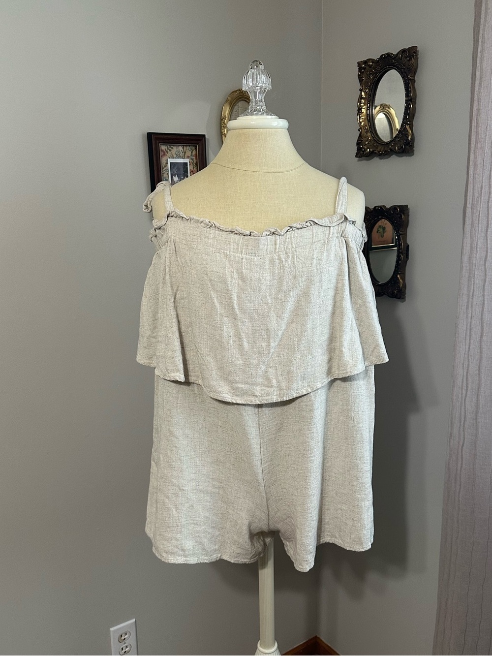Vici Light Beige Linen Blend Romper with Ruffle Trim
